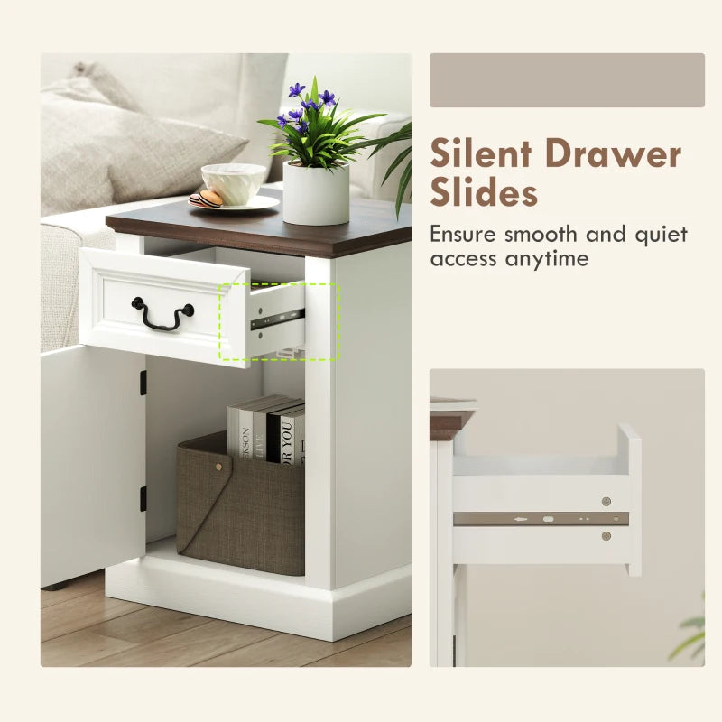 Side Table Set of 2, End Tables with Drawer and Cabinet, Nightstands for Small Spaces, Living Room, White