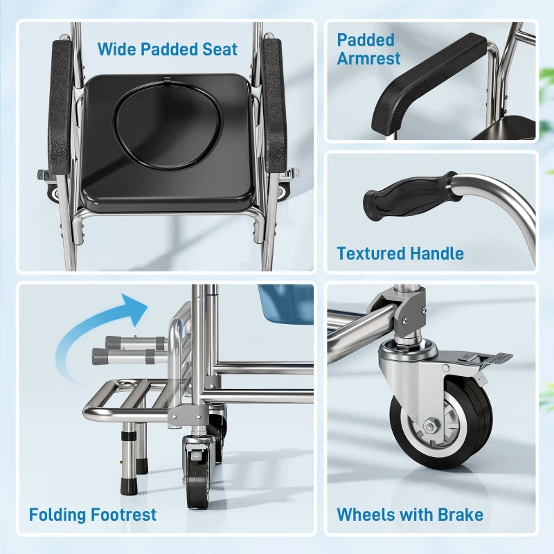 3-in-1 Shower Commode Wheelchair, Transport Beside Commode Chair with Padded Seat for the Elderly, Disabled