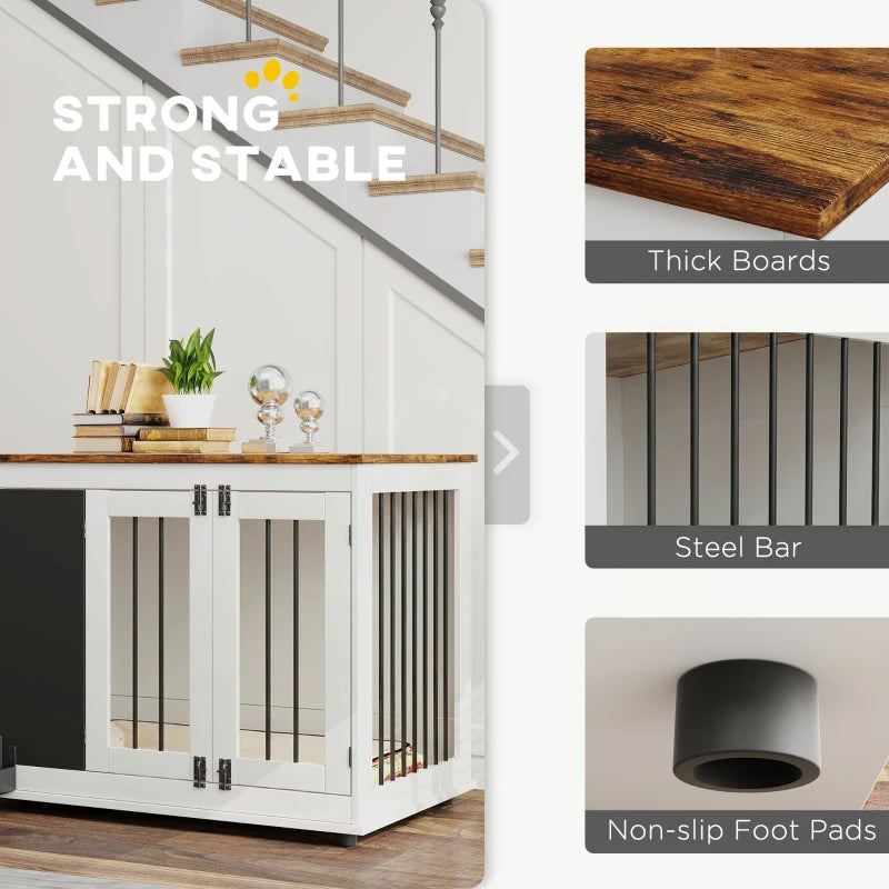 39" Dog Crate Furniture Side End Table for Large Dogs w/ Blackboard, Three Doors, White