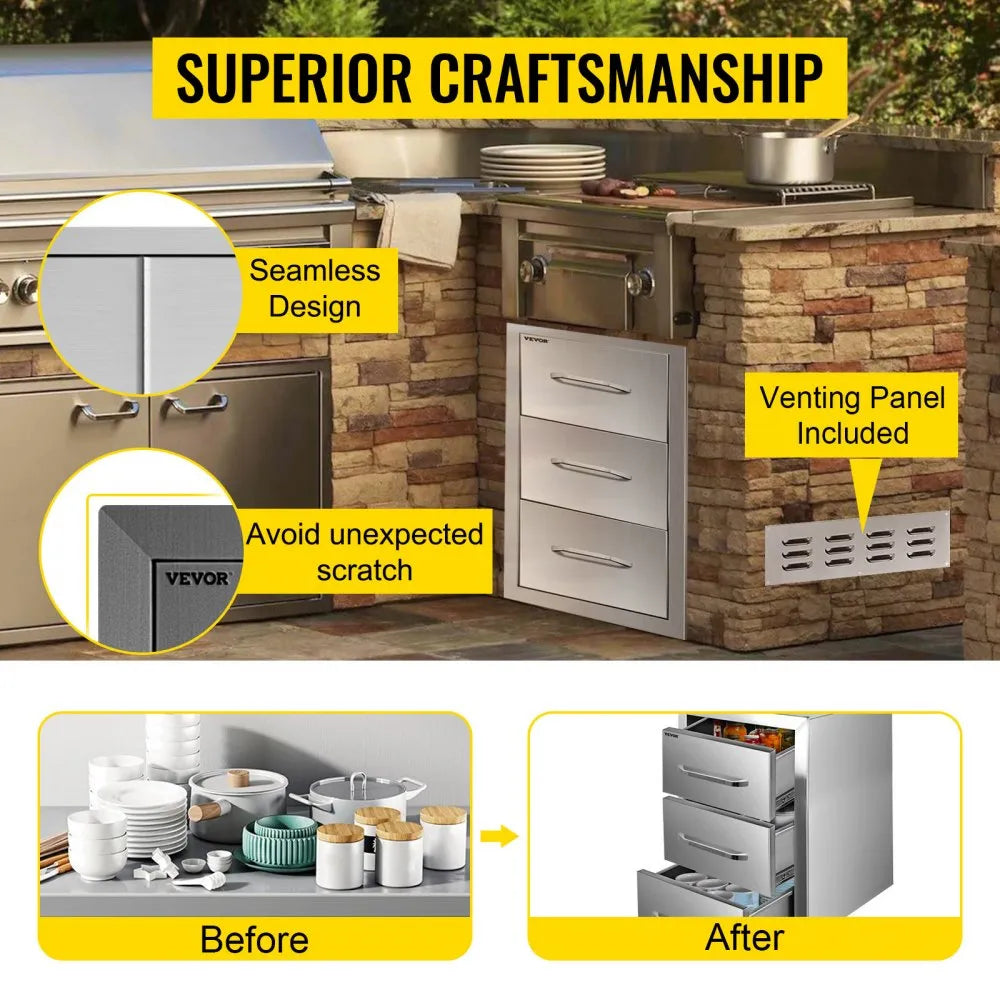 VEVOR Outdoor Kitchen Drawers 16\" W x 28.5\" H x 20.5\" D, Flush Mount Triple Access BBQ Drawers Stainless Steel with Handle, BBQ Island Drawers for Outdoor Kitchens or Patio Grill Station