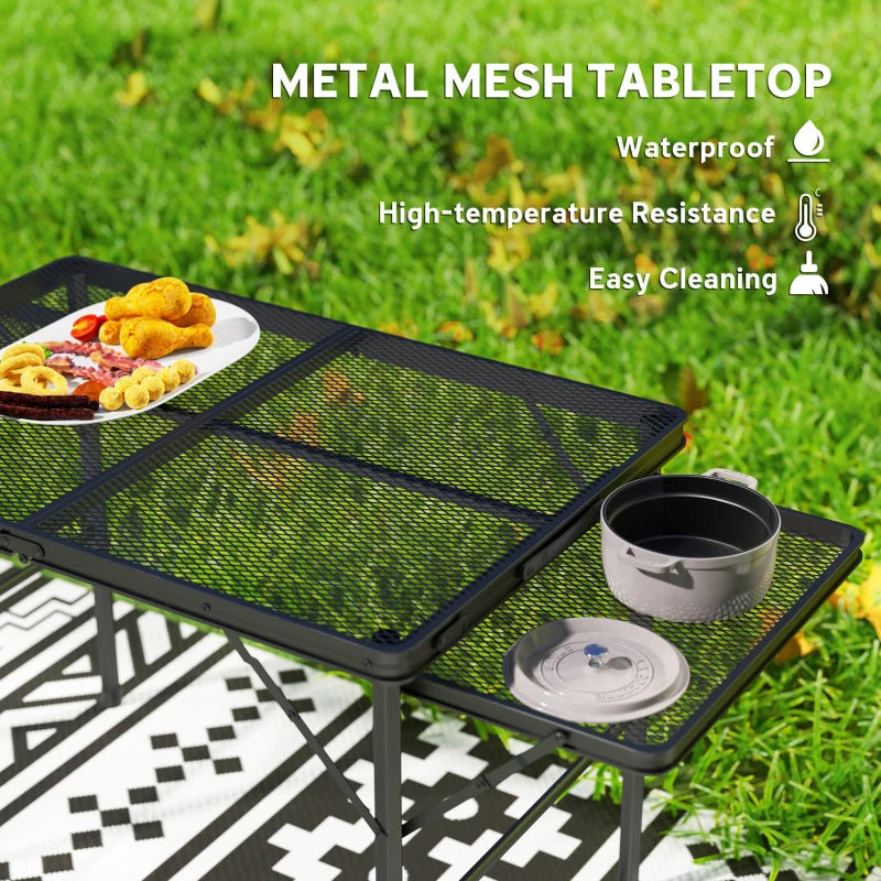 4.5ft Folding Grill Table, Height Adjustable Camping Table w/ Wing Panels, Metal Portable Picnic Table w/ Mesh Desktop