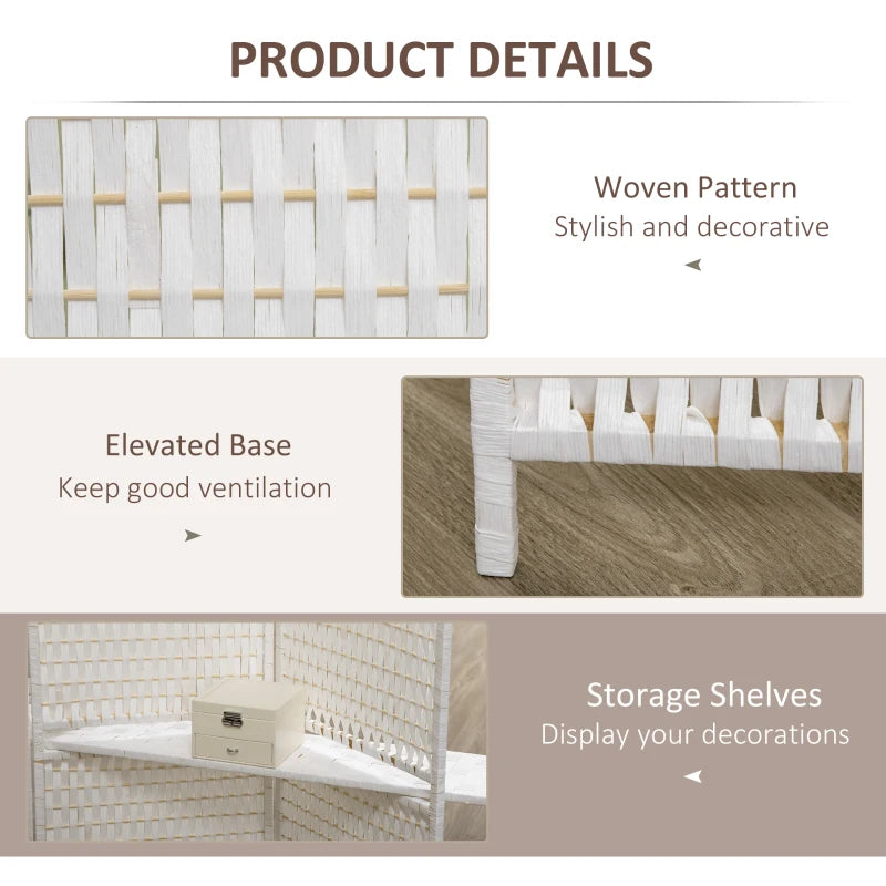 4 Panel Room Divider with Shelves, 6 FT Freestanding Folding Privacy Screen, Partition Wall Divider for Bedroom, White