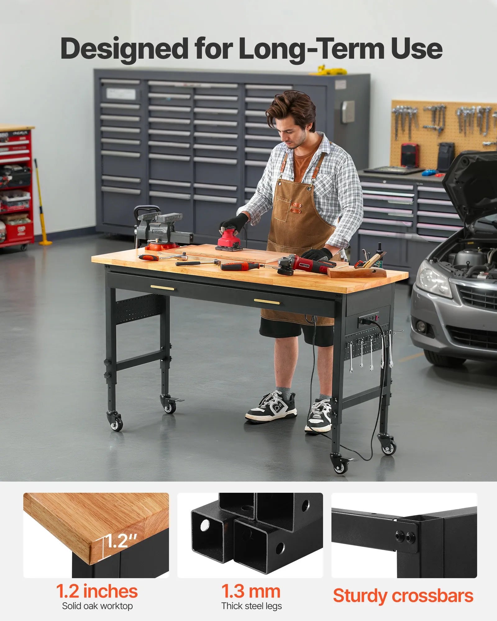 VEVOR 60" Workbench on Wheels Adjustable Height Table with Power Outlet & Drawer