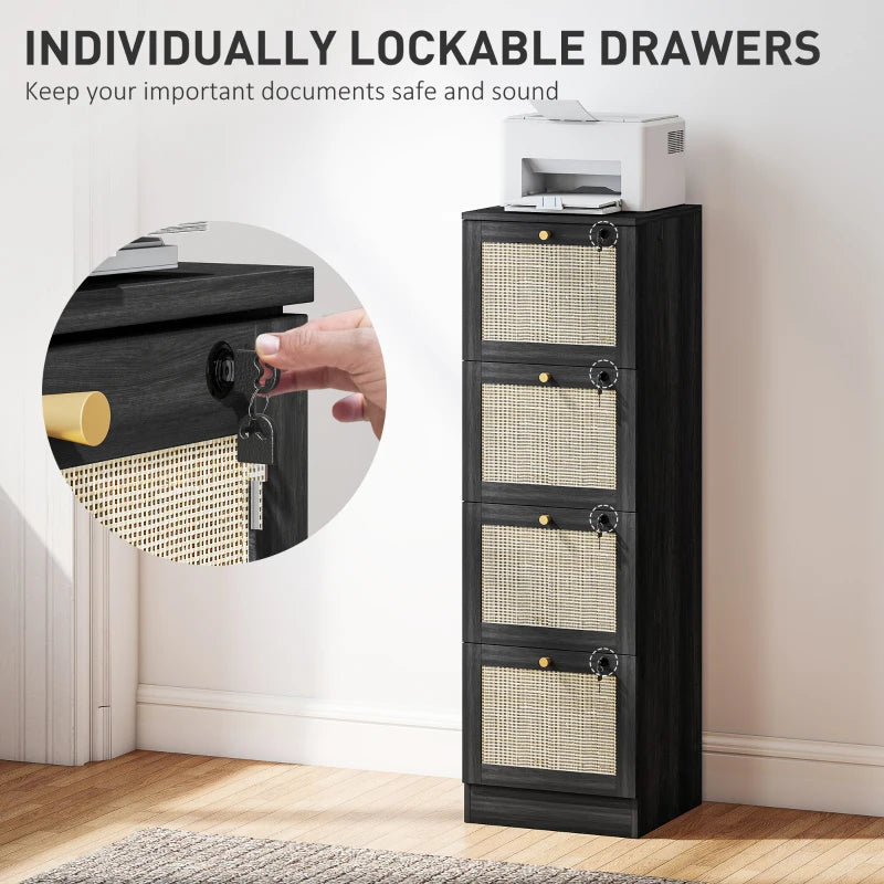 4 Drawer Filing Cabinet with Lock, Boho File Cabinet for A4 Letter Size Files with Decorative Rattan Accents, Black