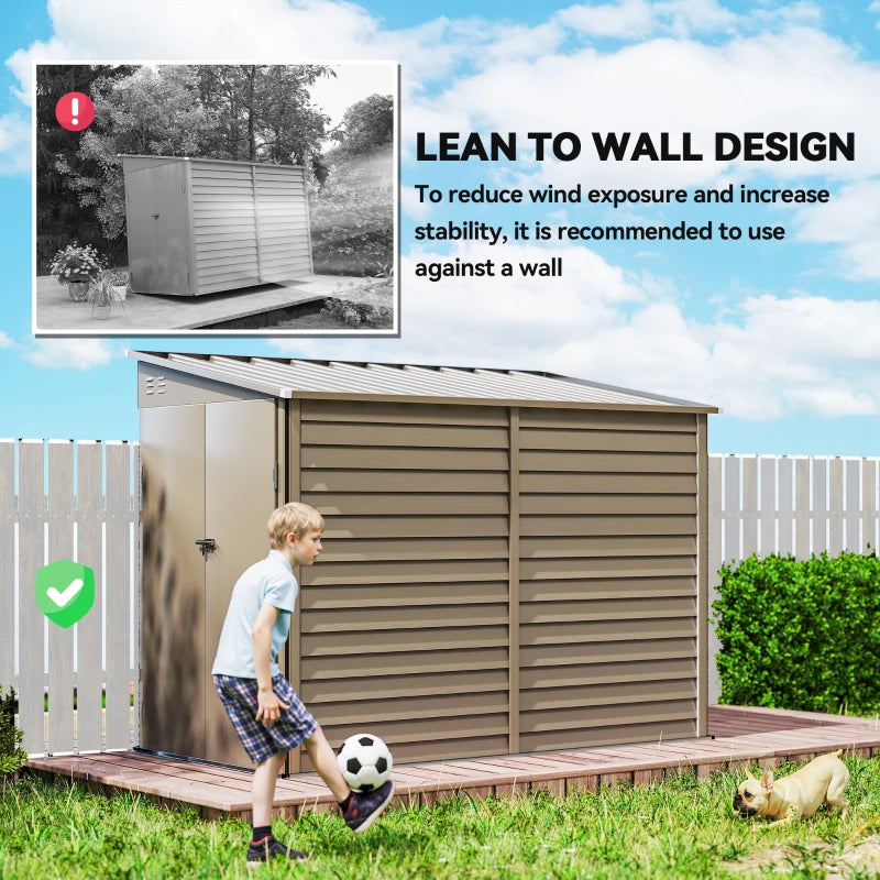 4.6' x 9' Steel Outdoor Storage Shed, Lean to Shed, Metal Tool House with Foundation Kit, Lockable Doors, Gloves and 2 Air Vents for Backyard, Patio, Lawn, Brown