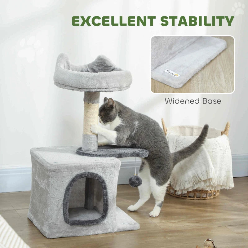 28" Cat Tree Tower with Plush Top Bed, Cozy Condo, Sisal Scratching Post, Perch, Dangling Ball, Light Grey