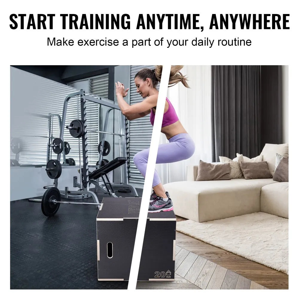 VEVOR 3 in 1 Plyometric Jump Box, 30/24/20 Inch Wooden Plyo Box, Platform & Jumping Agility Box, Anti-Slip Fitness Exercise Step Up Box for Home Gym Training, Conditioning Strength Training, Black