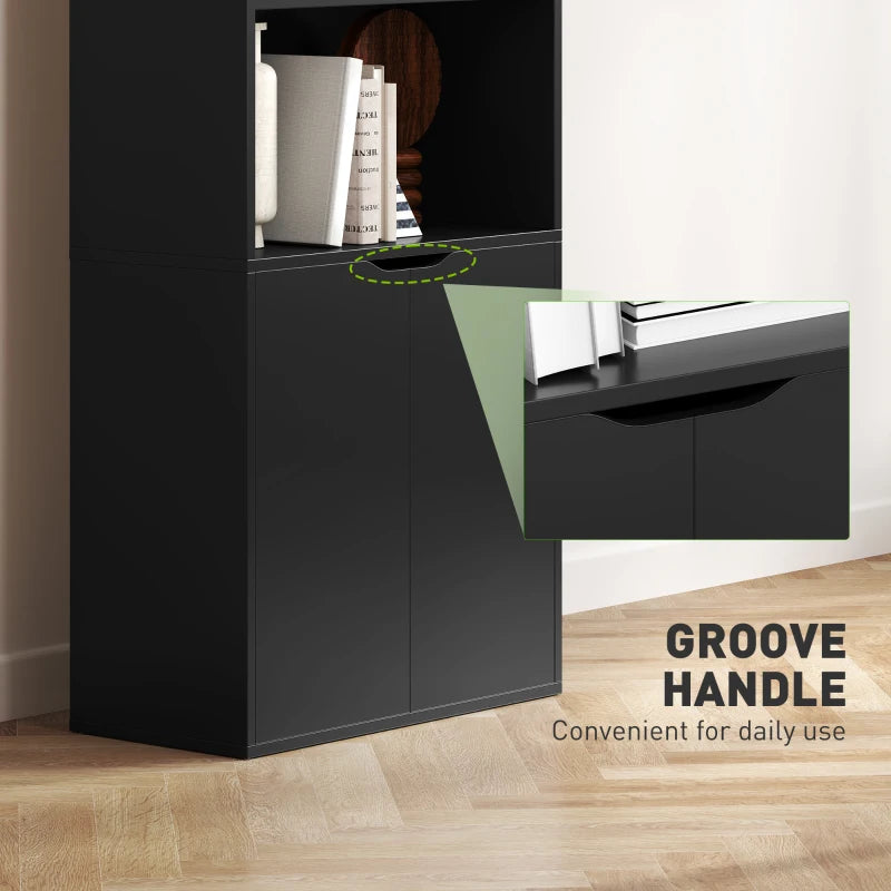 4-Tier Open Bookshelf with Doors Modern Home Office Bookcase Storage Cabinet for Living Room Bathroom Study, Black