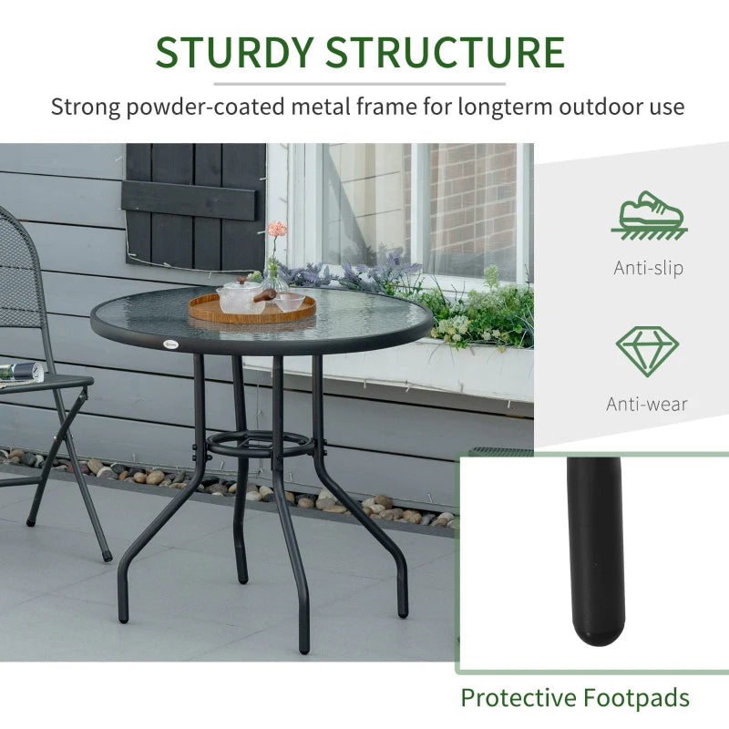 31.5" Round Outdoor Dining Table Coffee Side Bistro Table with Umbrella Hole, Glass Top, Steel Frame for Garden, Patio