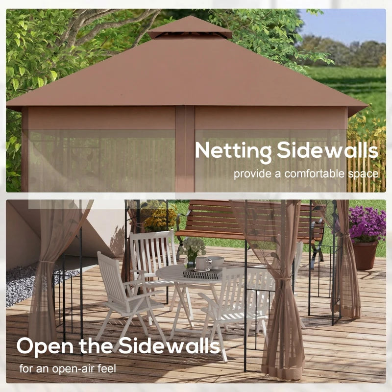 10'x10' Soft-top Steel Patio Gazebo Outdoor Sun Shelter with 2-Tier Polyester Roof, Curtain Sidewalls, Dark Brown