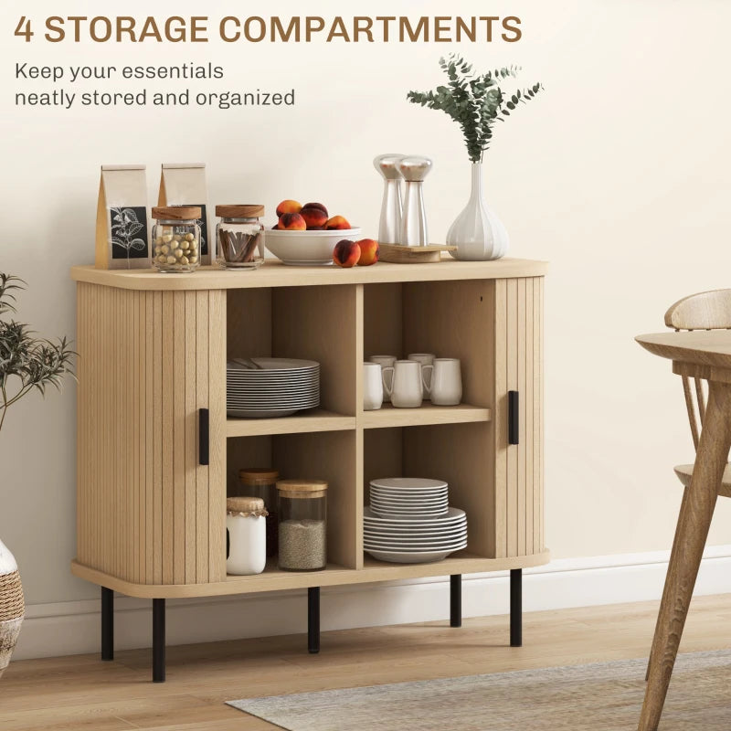 35.4" Sideboard Buffet Cabinet with Storage, Nordic Coffee Bar Cabinet with Slatted Tambour Doors and Metal Legs, Oak