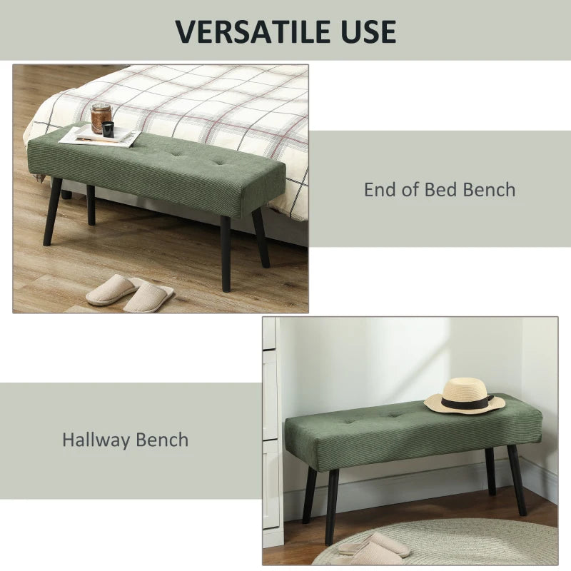 39" Upholstered Ottoman Bench, Corduroy Entryway Bedroom Bench with Padded Seat and Steel Legs for Bedroom, Green