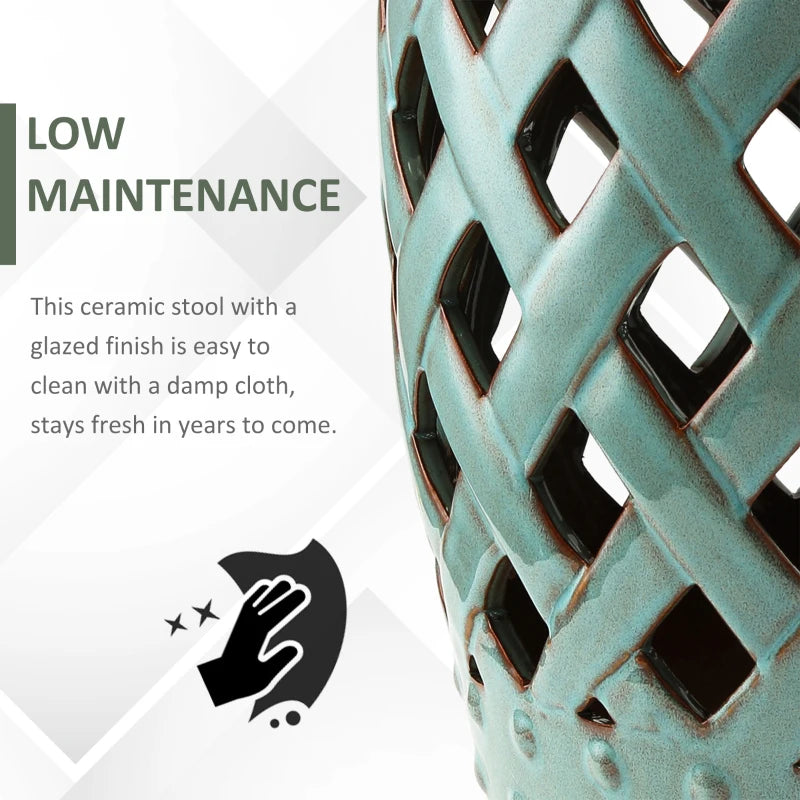 18" Ceramic Garden Stool with Woven Lattice Design, Indoor & Outdoor Decorative Accent Stool, Blue