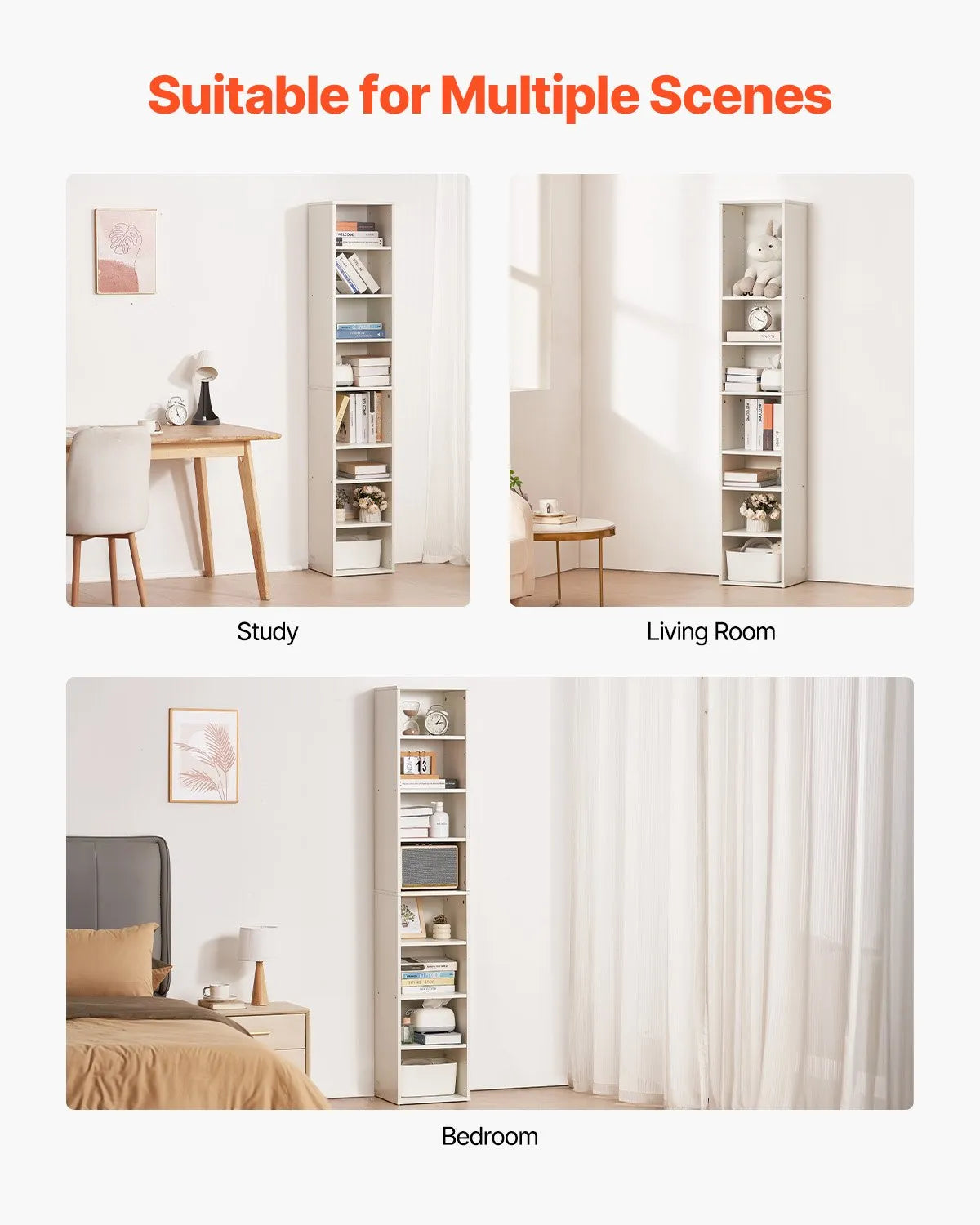 VEVOR 8 Tiers Narrow Bookshelf 71" Wooden Open Bookcase Adjustable Shelf White