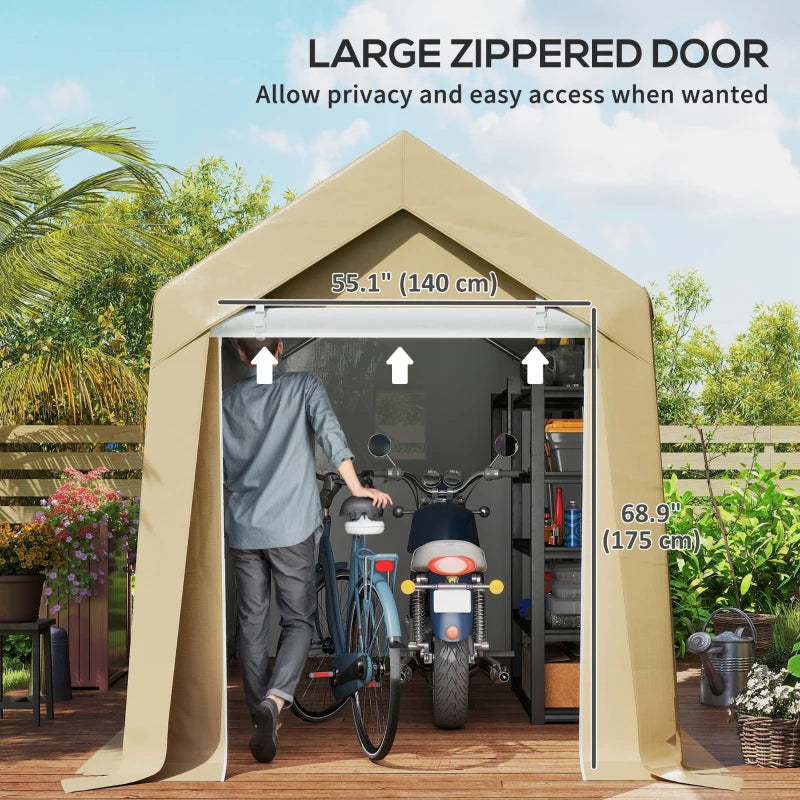 7' x 12' Outdoor Storage Shed Portable Garage with Roll-up Door for Motorcycle, Bike, Garden Tools, Beige