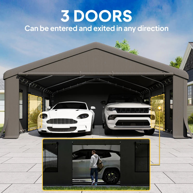 20' x 20' Heavy Duty Carport, Portable Garage Car Canopy Tent Shelter with 3 Roll-up Doors, 4 Windows, Dark Grey