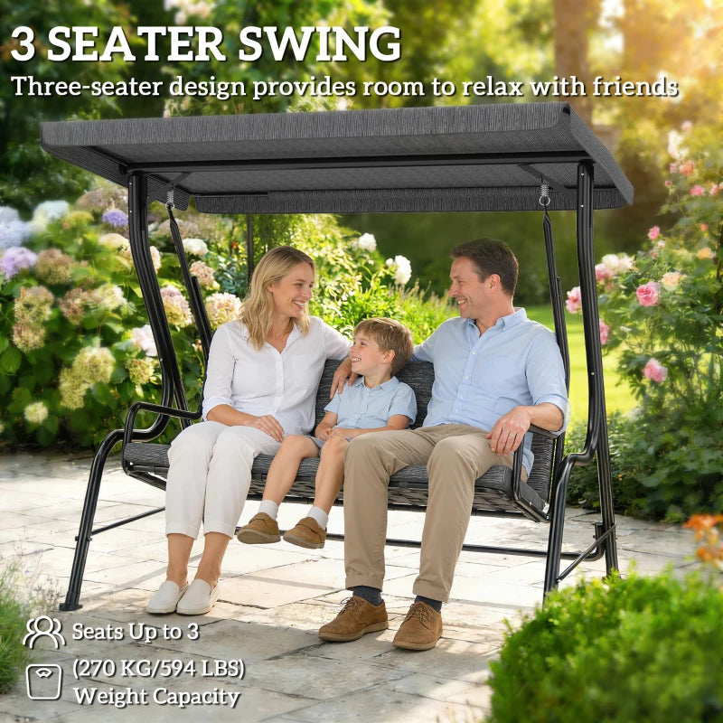 3-Person Porch Swing Chair, Patio Swing Bench with Adjustable Canopy, Removable Thicken Cushion, Black