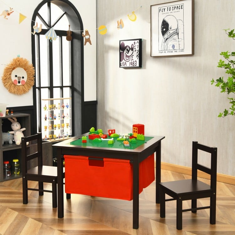 2-in-1 Kids Double-sided Activity Building Block Table with Drawers-Brown