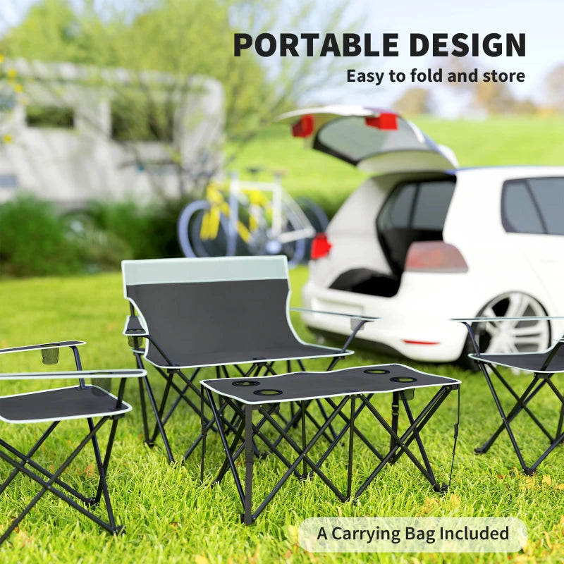 4 Piece Folding Camping Table and Chairs, Outdoor Lawn Chair Set w/ Table, Cup Holders for Hiking, Picnic, Grey