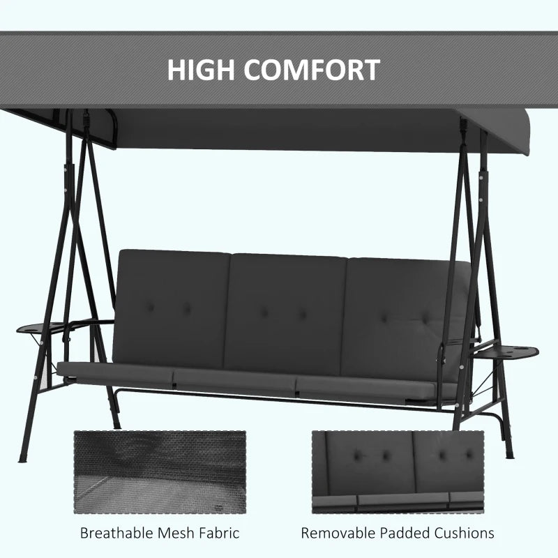 3-Seat Outdoor Porch Swing Patio Swing with Adjustable Canopy, Side Tray, Removable Cushion for Garden, Poolside, Grey