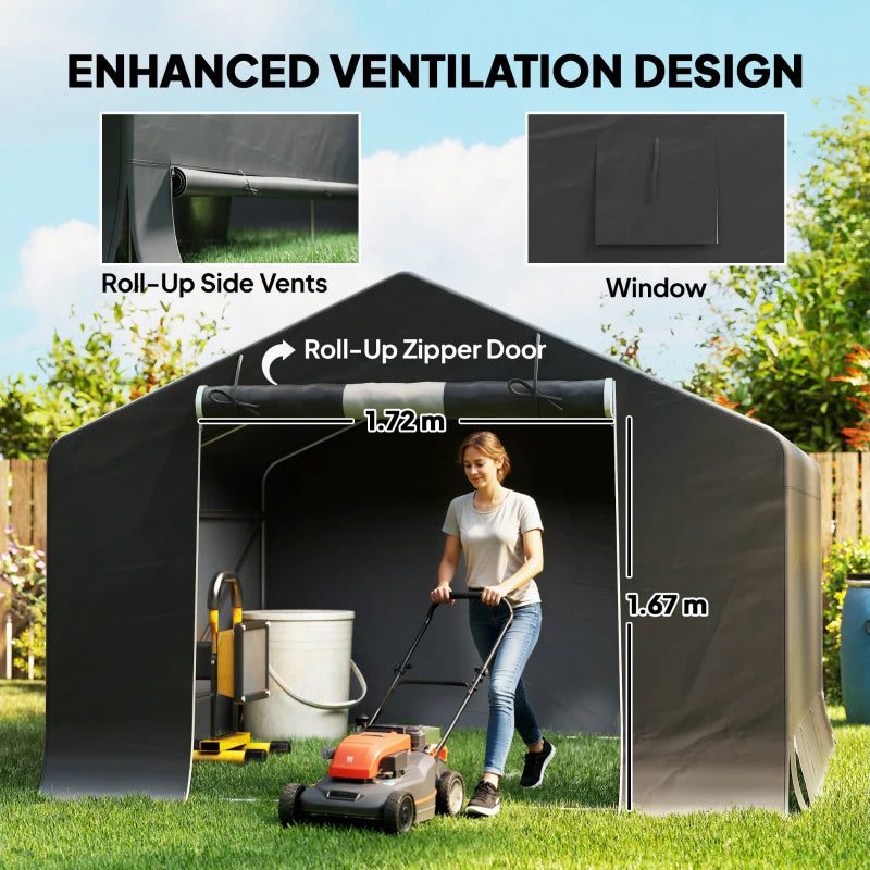 10' x 10' Portable Shed, Waterproof Bike Tent with Roll-up Zipper Door and Reinforced Galvanised Metal Frame, Dark Grey