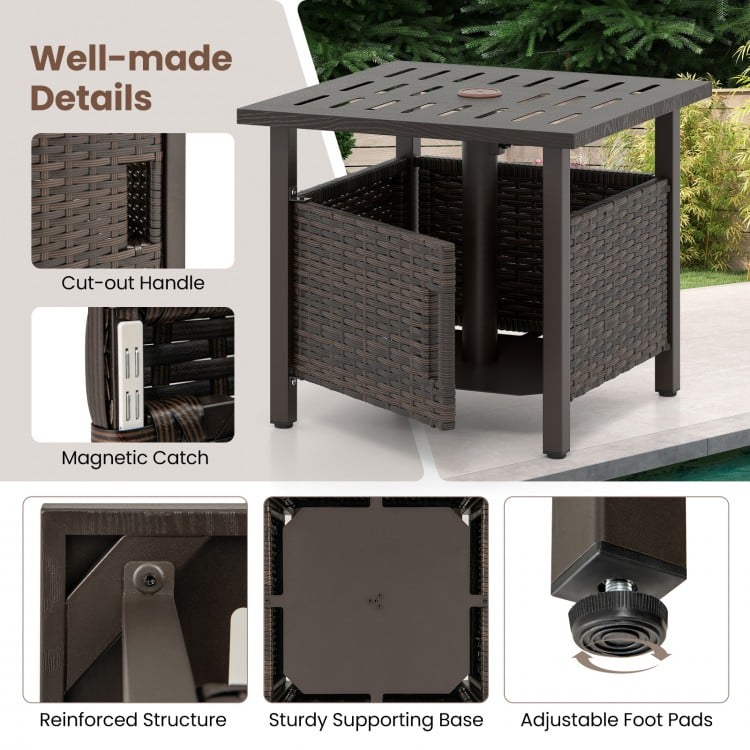 Outdoor Side Table with 1.93" Umbrella Hole All-Weather PE Wicker Patio Umbrella Table-Brown