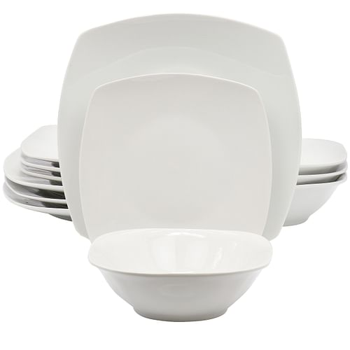 Gibson Home Blanca Cafe 12 Piece Square Ceramic Dinnerware Set in White - Free Shipping 