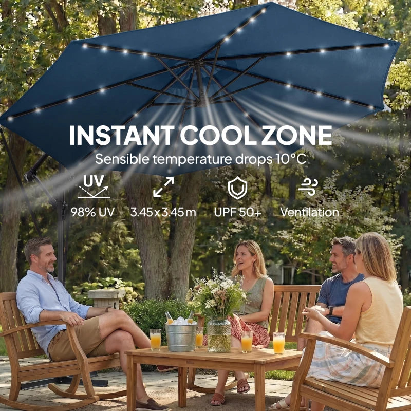 11.3 ft Cantilever Patio Umbrella with Light, Cover, Aluminium UPF50+ Offset Outdoor Umbrella Parasol, Navy Blue
