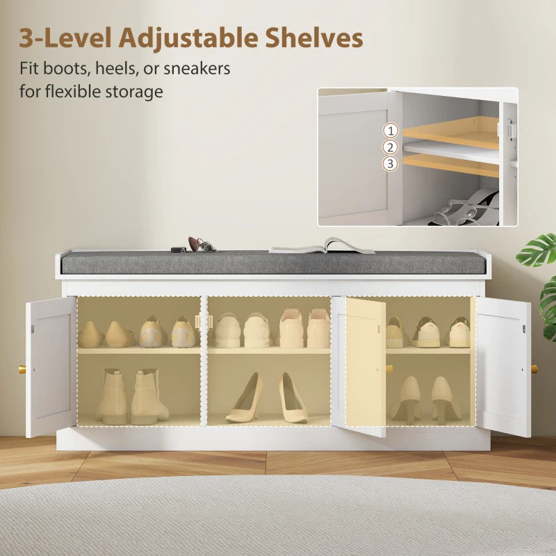 Shoe Storage Bench with Woven Rattan Doors, Shoe Bench with Cushion, Adjustable Shelves, Entryway Bench, White