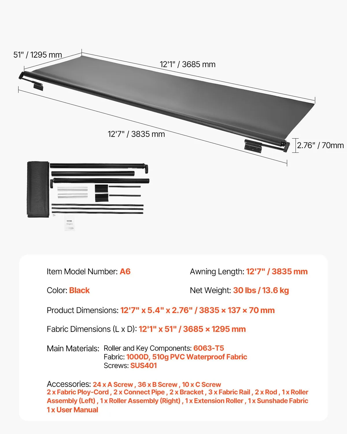 VEVOR 12'7" (12'1") RV Slide Out Awning Black Slide Topper Awning for RVs