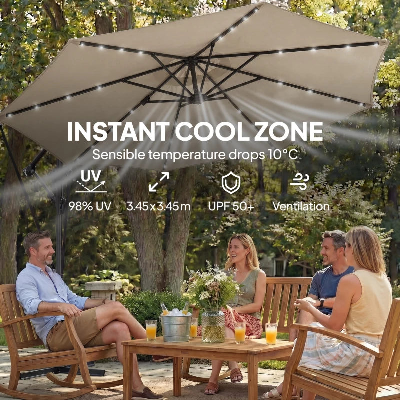 11.3 ft Cantilever Patio Umbrella with Light, Cover, Aluminium UPF50+ Offset Outdoor Umbrella Parasol, Khaki