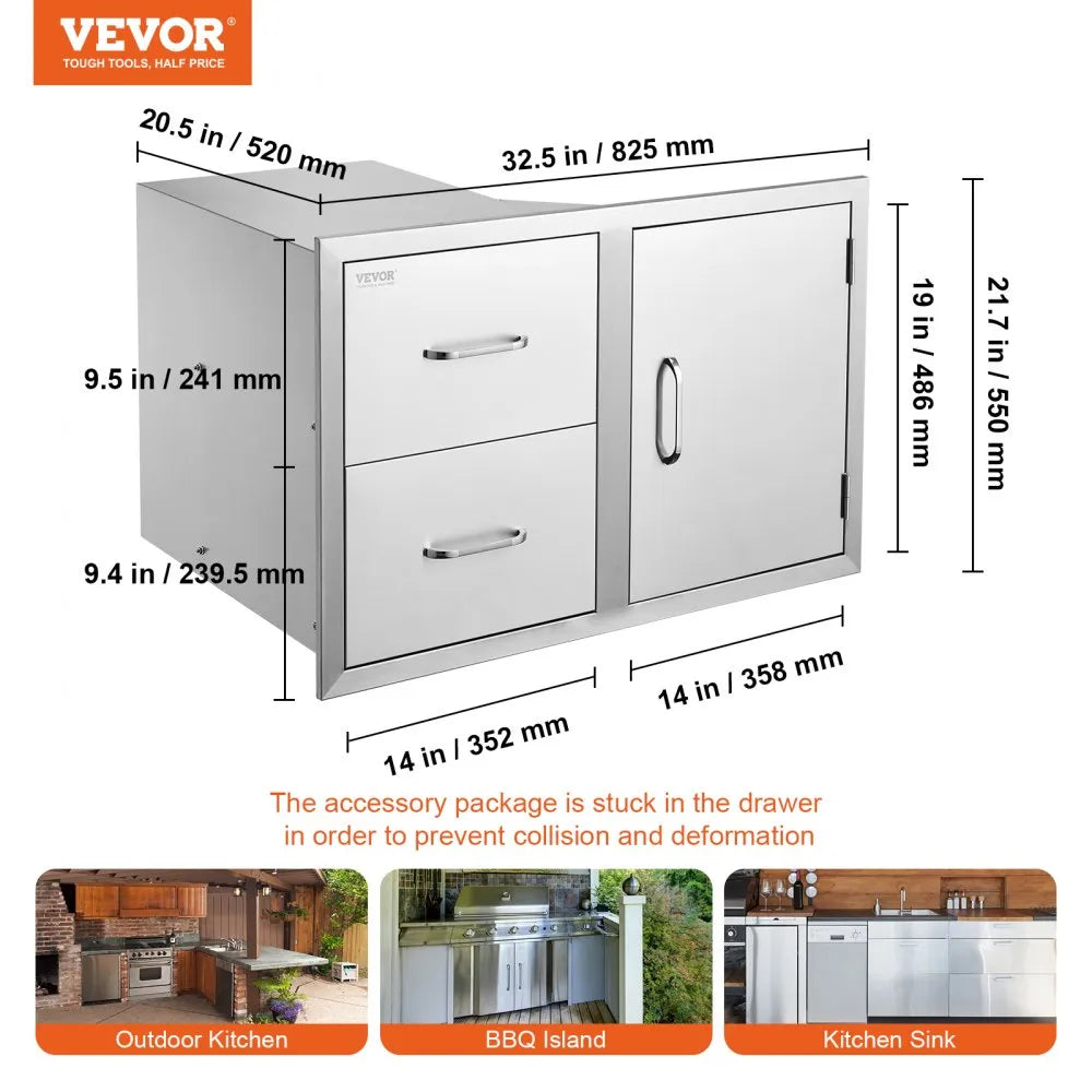 VEVOR Outdoor Kitchen Door Drawer Combo 32.5\" W x 21.6\" H x 20.5\'\'D, Access Door/Double Drawers with Paper Towel Rack, BBQ Island Drawers with Stainless Steel Handles for Outdoor Kitchen