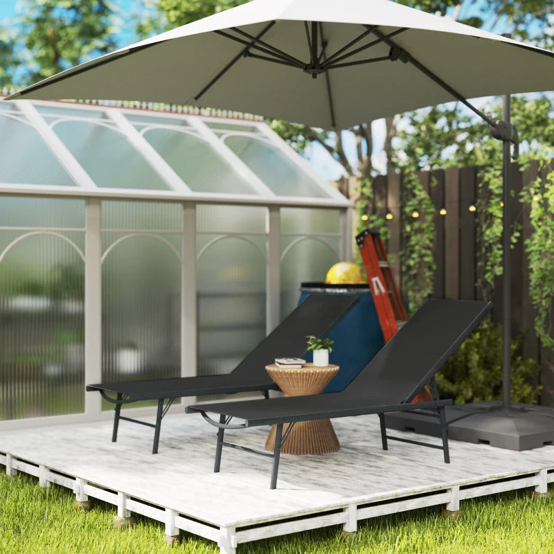 2 Pieces Folding Outdoor Lounge Chairs, Reclining Chaise Lounge Tanning Chair w/ Adjustable Back, Mesh Seat, Black