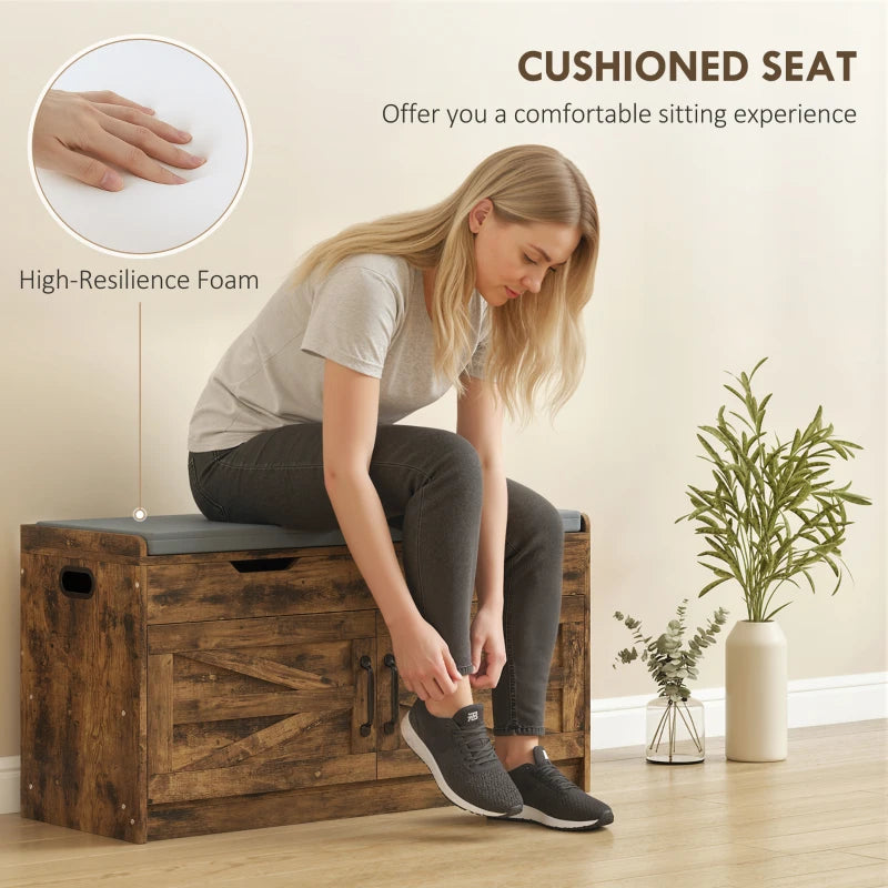 Shoe Storage Bench, Entryway Bench with 2-Tier Cabinet, Flip-Top Storage, Padded Cushion for Hallway, Rustic Brown