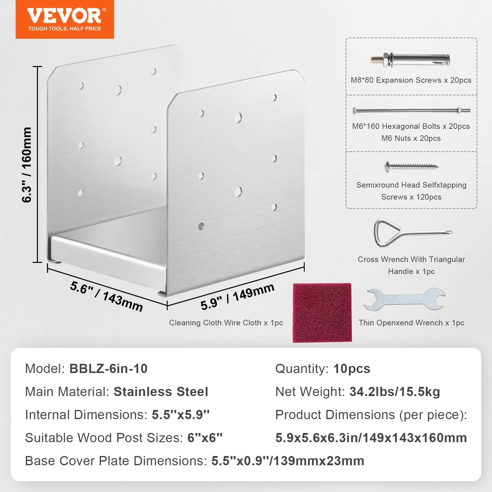 VEVOR 10Pcs 6x6 Concrete Deck Post Anchor Base Adjustable Metal Bracket Base