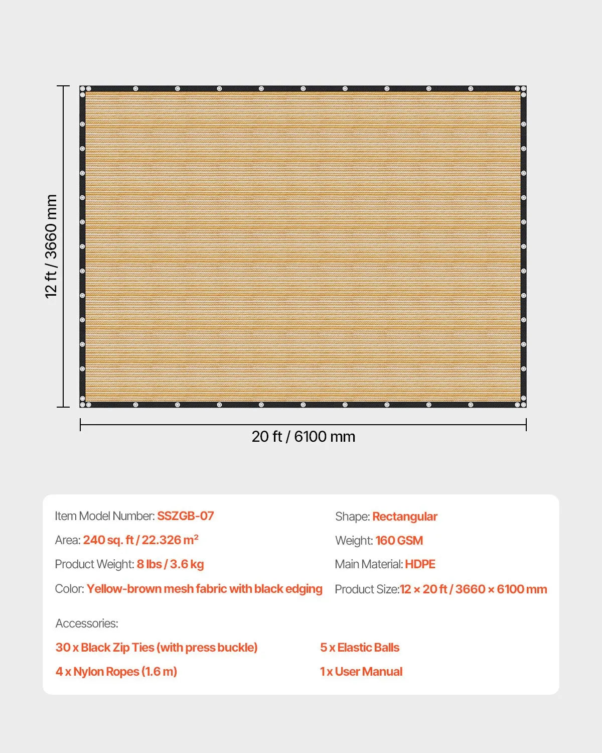 VEVOR 90% Sun Shade Cloth Privacy Screen 12 x 20 ft for Patio Garden (Beige)