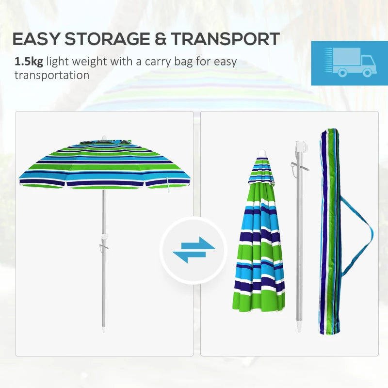 6ft Travel Beach Umbrella with Sand Anchor Height Adjustable Sun Umbrella with Tilt Bag 40+ UV Protection Multicolour