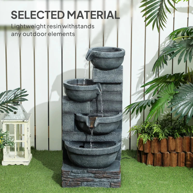 30" Tall Outdoor Water Fountain with LED Lights, 4-Tier Resin Cascading Bowls Garden Fountain Waterfall Fountain with Pump, Grey