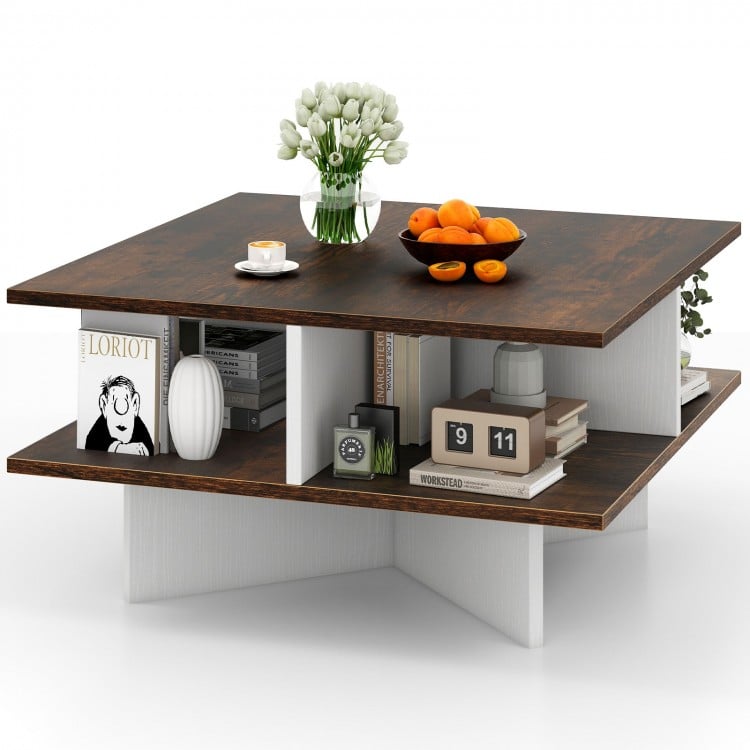 2-Tier Square Coffee Table with 4 Storage Compartments-Rustic Brown