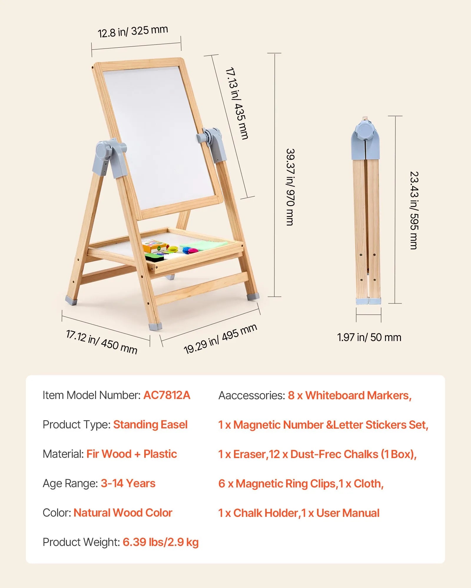 VEVOR 2-in-1 Kids Art Easel Double-Sided Wooden Magnetic Whiteboard Chalkboard