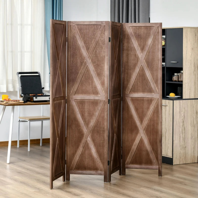 4-panel Wall Partition Farmhouse Room Separator with Foldable Design Wooden Frame 5.6FT, Walnut