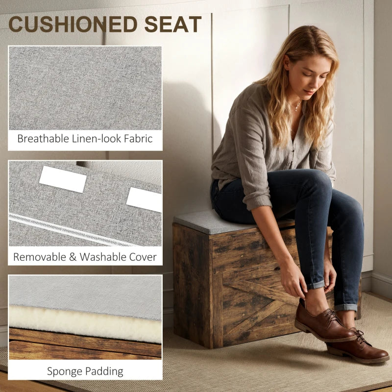 Shoe Storage Bench with Flip Drawer and Lift Top Storage, Entryway Bench with Seat Cushion for Hallway, Rustic Brown