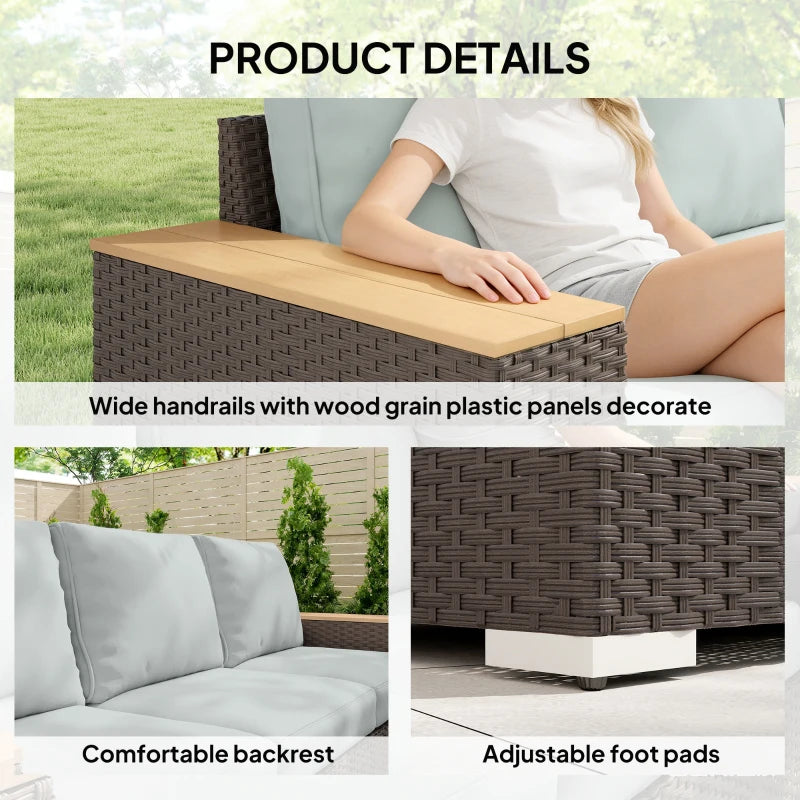 3-Seater Outdoor Sofa Couch, Wicker Patio Sofa with Wood Effect Armrests and Thick Cushions, Grey
