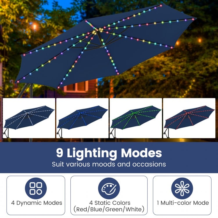 10 Feet Solar Offset Hanging Umbrella with Base and LED Lights-Navy