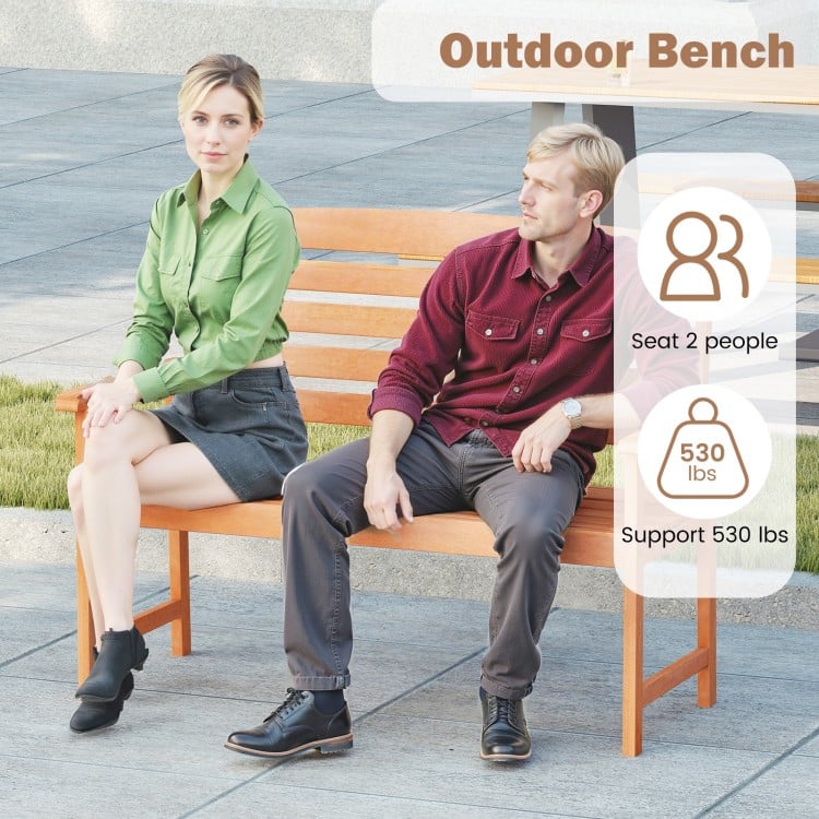 2-Person Wooden Garden Bench with Slatted Backrest and Comfortable Armrests