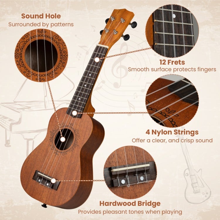 21 Inch Soprano Mahogany Wooden Ukelele Set with Adjustable Strap