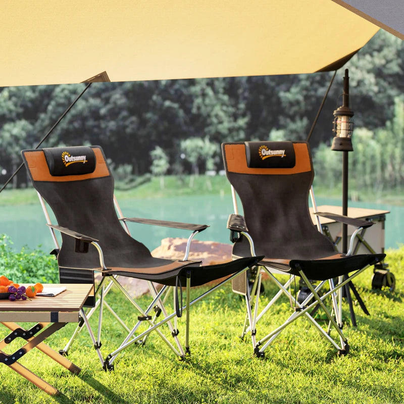 Set of 2 Reclining Camping Chair with Foot Rest, Folding Camping Chair w/ Headrest, Cup Holder, Storage Bag, Orange