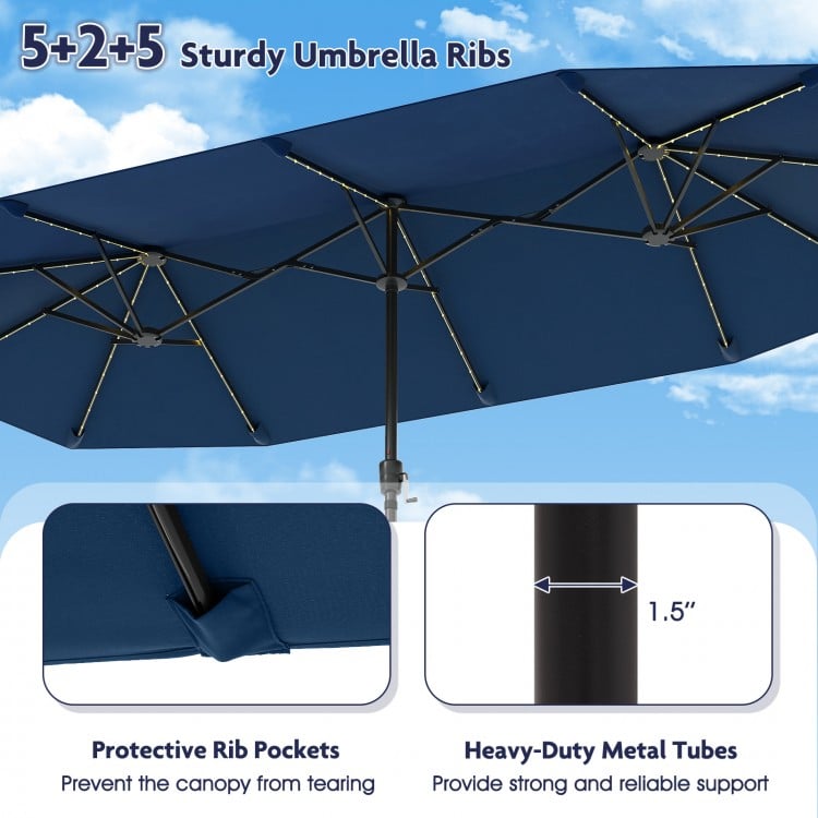 13 FT Large Patio Umbrella with LED Solar Lights and Crank Handle-Navy