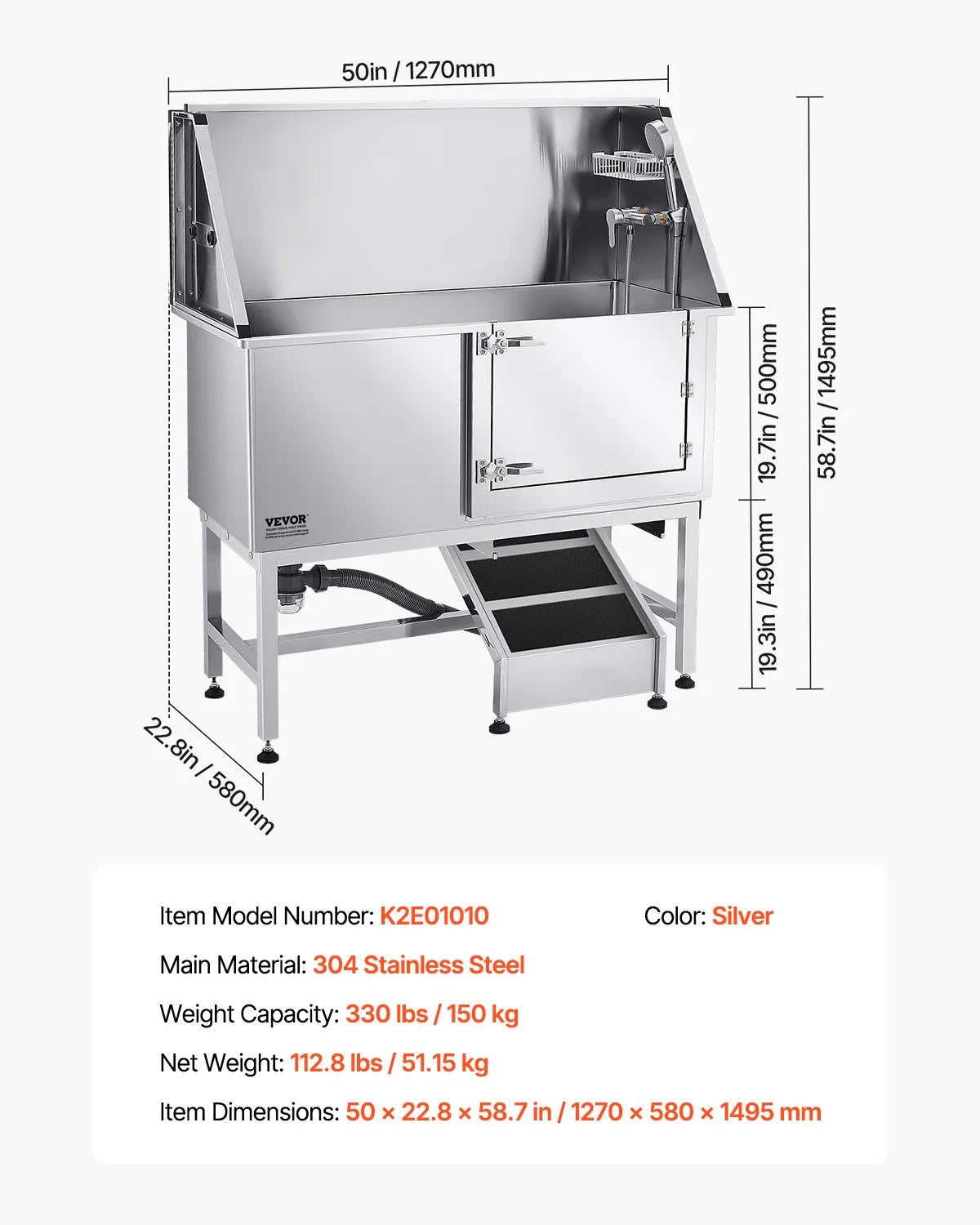 VEVOR 50 Inch Dog Grooming Bath Tub Stainless Steel w Ramp Water Filter