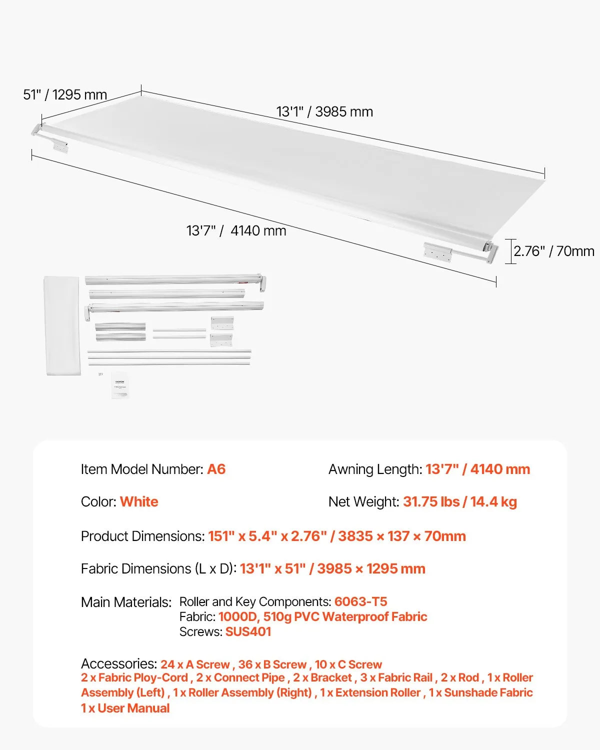 VEVOR 13'7" (13'1") RV Slide Out Awning White Slide Topper Awning for RVs